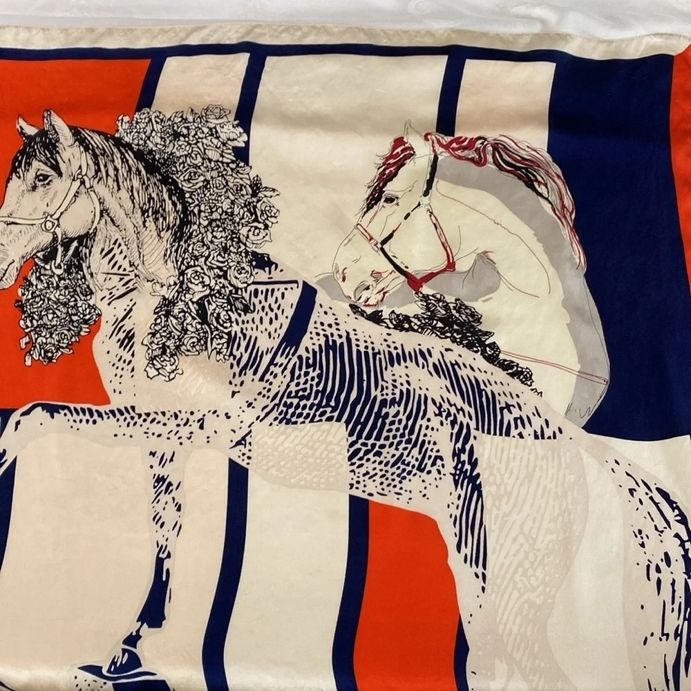 Equestrian Print Scarf Navy Blue Red Cream 33